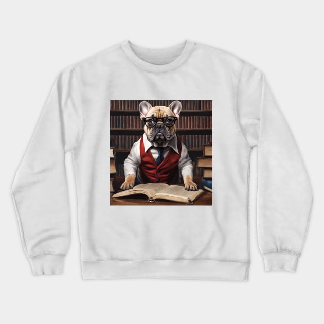 Chic French Bulldog: Hyperreal Red-Suit in Whimsical Library Crewneck Sweatshirt by BencDesignStudio